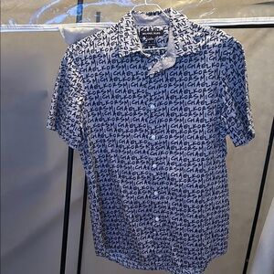 Michael Kors White Short-Sleeve Button-Down with Black Logo Script